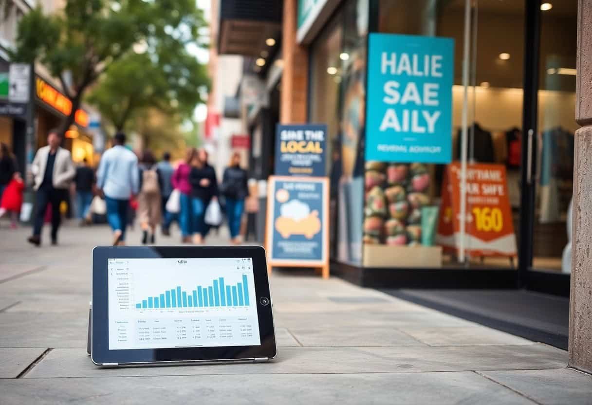 A tablet displaying a bar graph rests on a city sidewalk, illustrating the impact of local SEO and AI search optimization, as people walk by and a shop window with large blue and white text stands in the background.