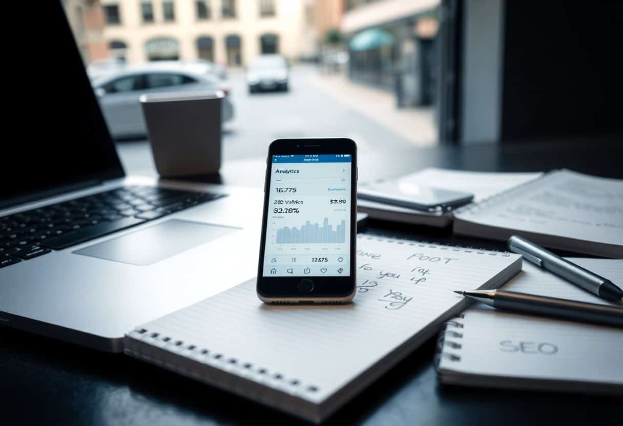 A smartphone displaying analytics data rests on a notepad beside a laptop, pen, and paper labeled SEO—highlighting the importance of local SEO and AI search optimization—on a desk, with a blurred street view in the background.