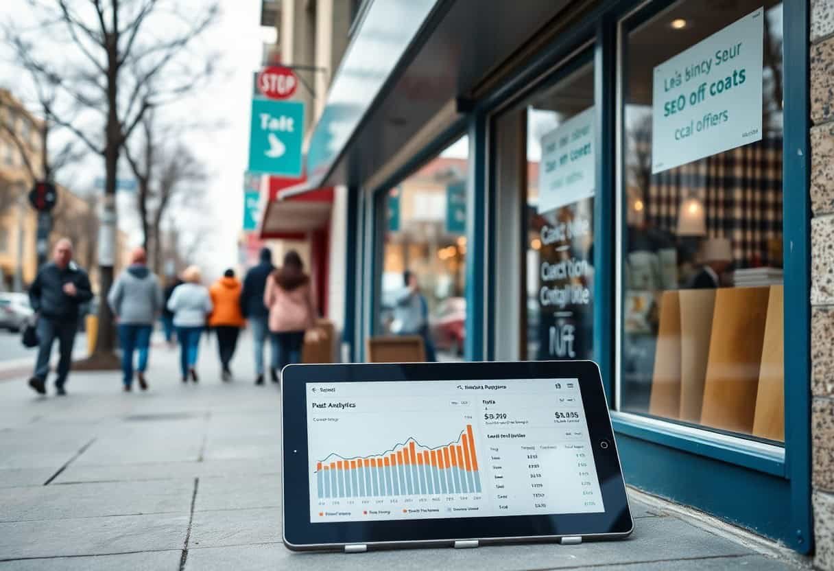 A tablet displaying sales analytics highlights the impact of local SEO as it sits on a city sidewalk outside a store with a coat sale sign. People walk by on a chilly day, while trees line the urban street, illustrating modern retail’s digital integration.