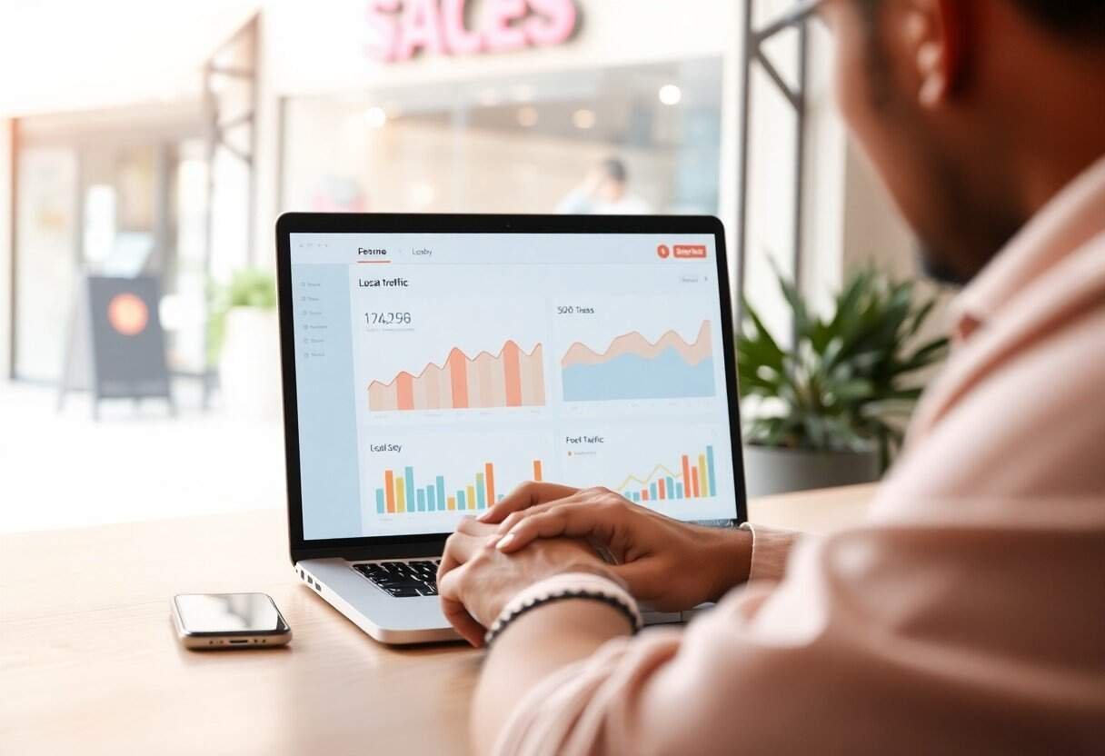 A person sits at a desk looking at a laptop displaying graphs and charts with traffic and sales data, tracking local SEO and AI search optimization. A smartphone is beside them, and the background is softly blurred.