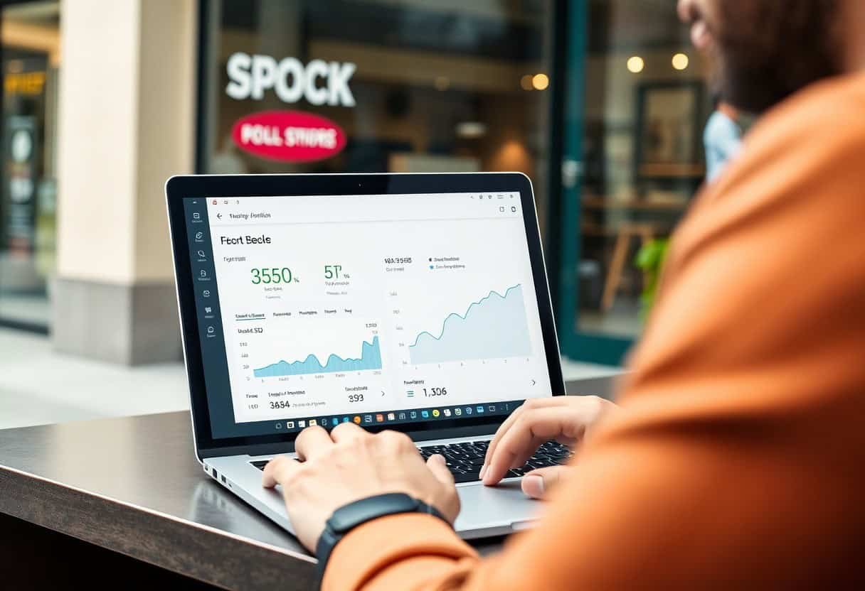 A person types on a laptop displaying financial graphs and analytics, focusing on local SEO and AI search optimization. In the background, a storefront with the sign SPOCK POLL SHOP is visible through the window.