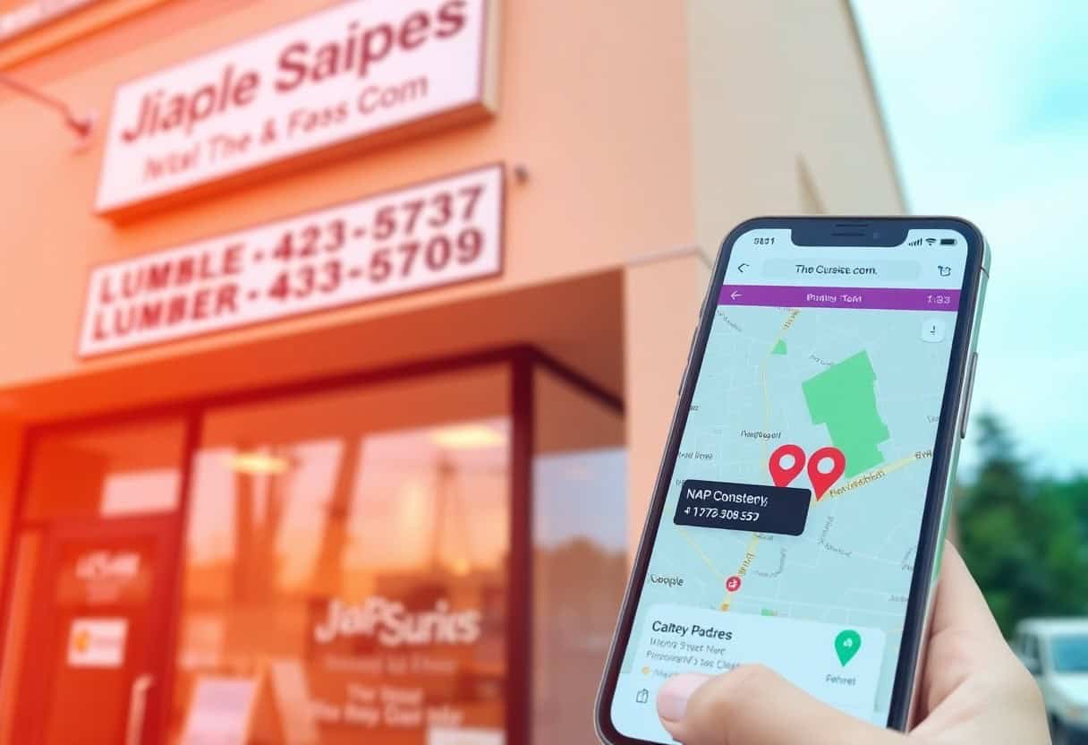 A person holds a smartphone displaying a map with a location pin in front of a building sign reading Jiople Saipes Wall Tile & Fas Com and phone numbers, highlighting the importance of NAP consistency for local SEO.