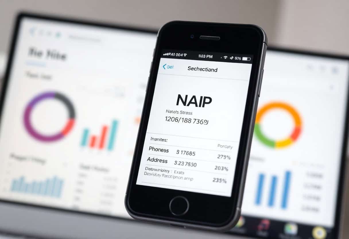 A smartphone displaying a data report titled NAIP is held up in front of blurred screens with colorful bar and pie charts, highlighting statistics for phones, address, experience, and NAP consistency for local SEO.
