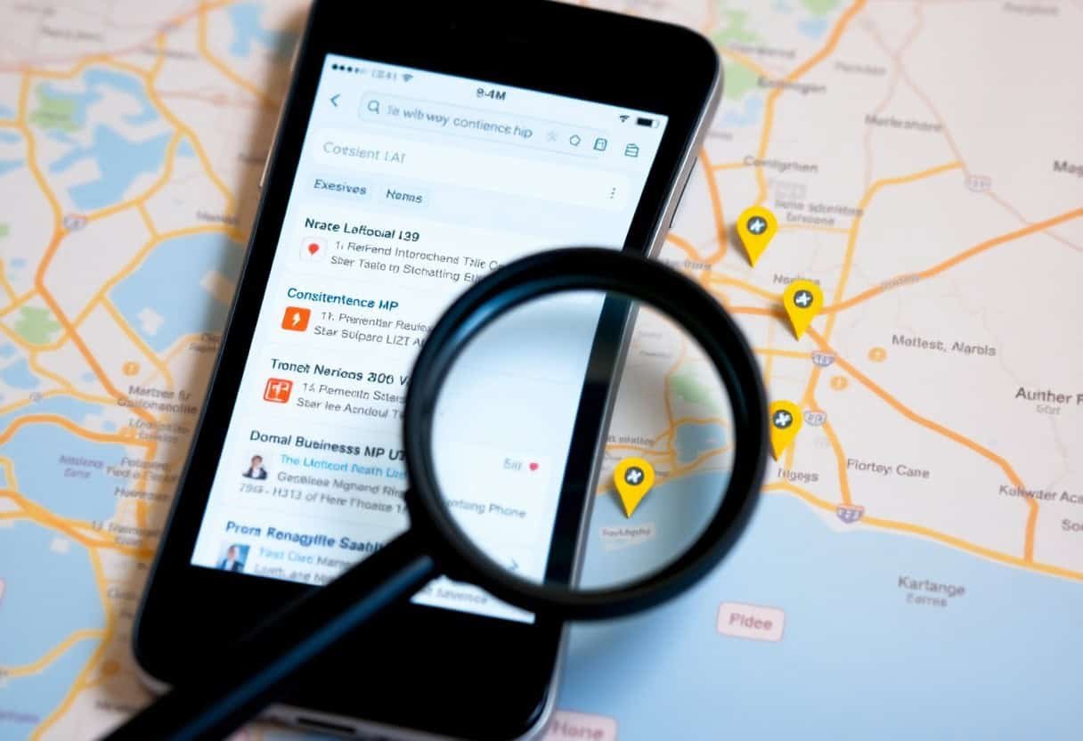 A smartphone displaying a map and location search results is placed on a paper map. A magnifying glass is positioned over the phone, emphasizing the search and navigation theme.