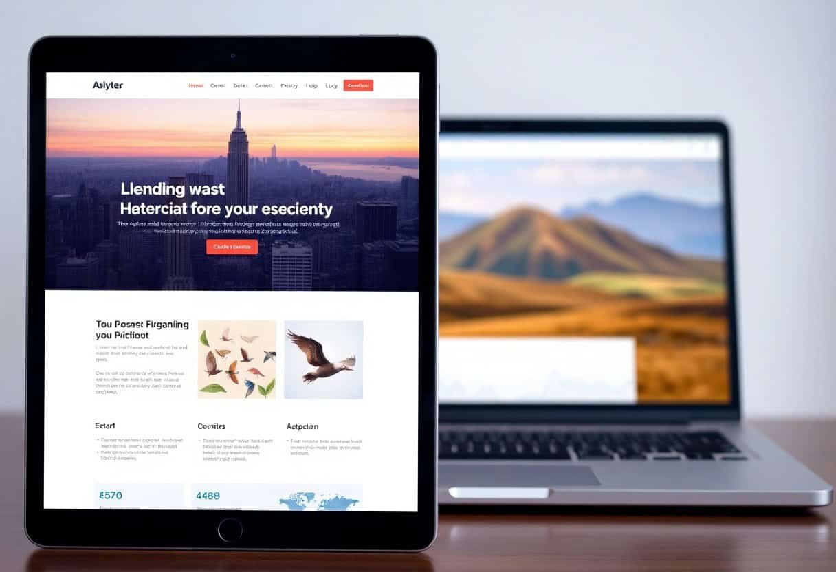 A tablet displaying a website with a cityscape header highlights local SEO, positioned in front of a blurred laptop showing a nature scene with hills. Both devices are on a white desk.