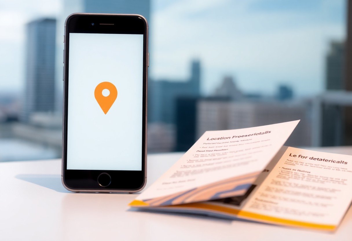 A smartphone displaying a large orange location pin icon stands on a white surface next to an open brochure, illustrating the impact of local SEO and AI search optimization, with blurred office buildings visible in the background.