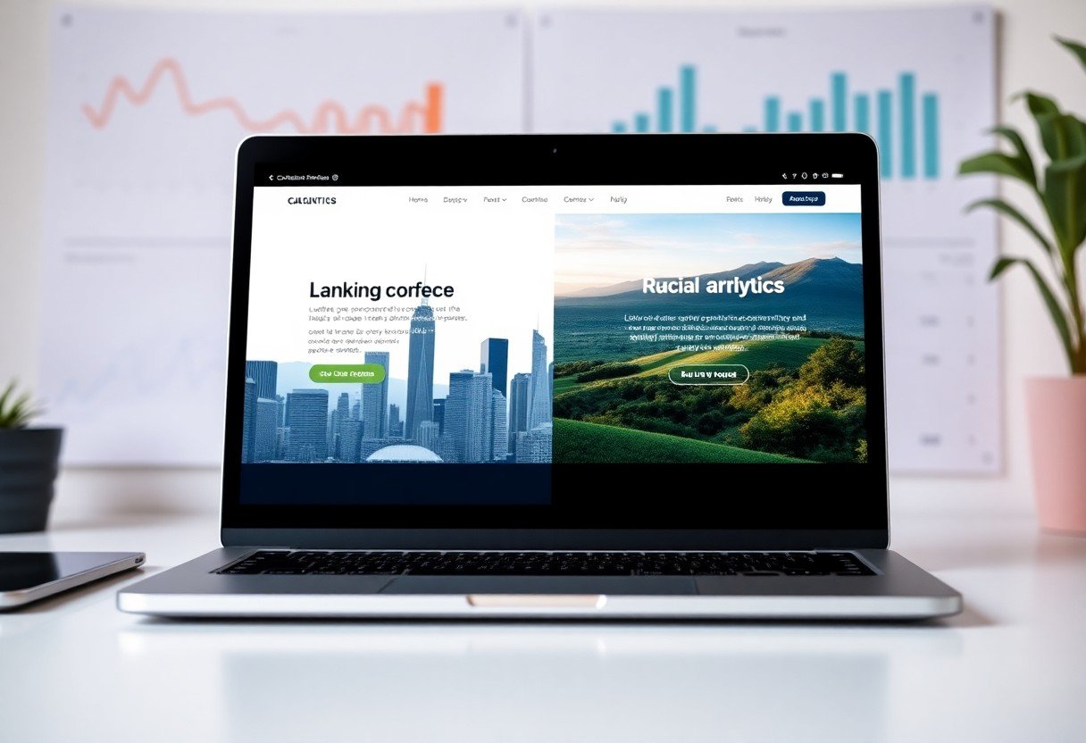 A laptop on a desk displays a website split between "Lanking corfece" with a city skyline and "Rucial aralytics" with green hills. Blurred charts hint at local SEO and AI search optimization tools in this modern office scene.
