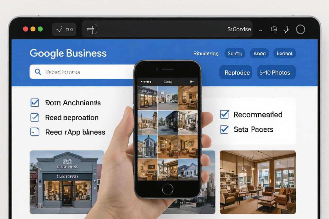 High-quality local SEO and AI search optimization services showcased with a desktop and mobile interface for Google Business management.