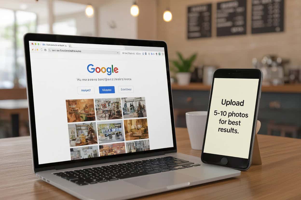 High-quality image of a laptop displaying Google search results and a smartphone with upload instructions, illustrating local SEO and AI search optimization processes at Droved.