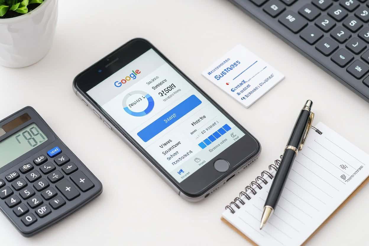 Smartphone displaying Google search results with local SEO insights, on a desk with calculator, notepad, pen, and keyboard. Focus on AI search optimization and local SEO strategies for digital marketing success.