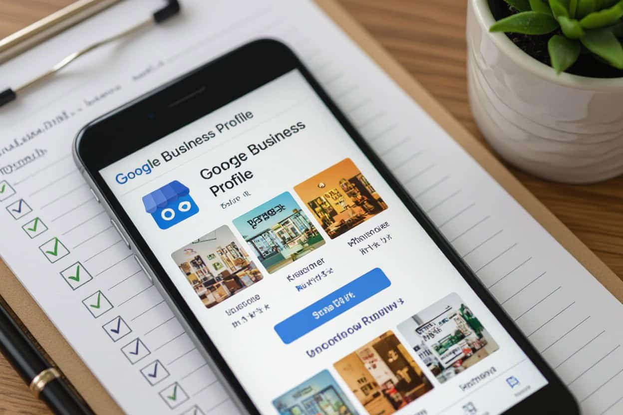 Google Business Profile listing on smartphone with local business images and review options.