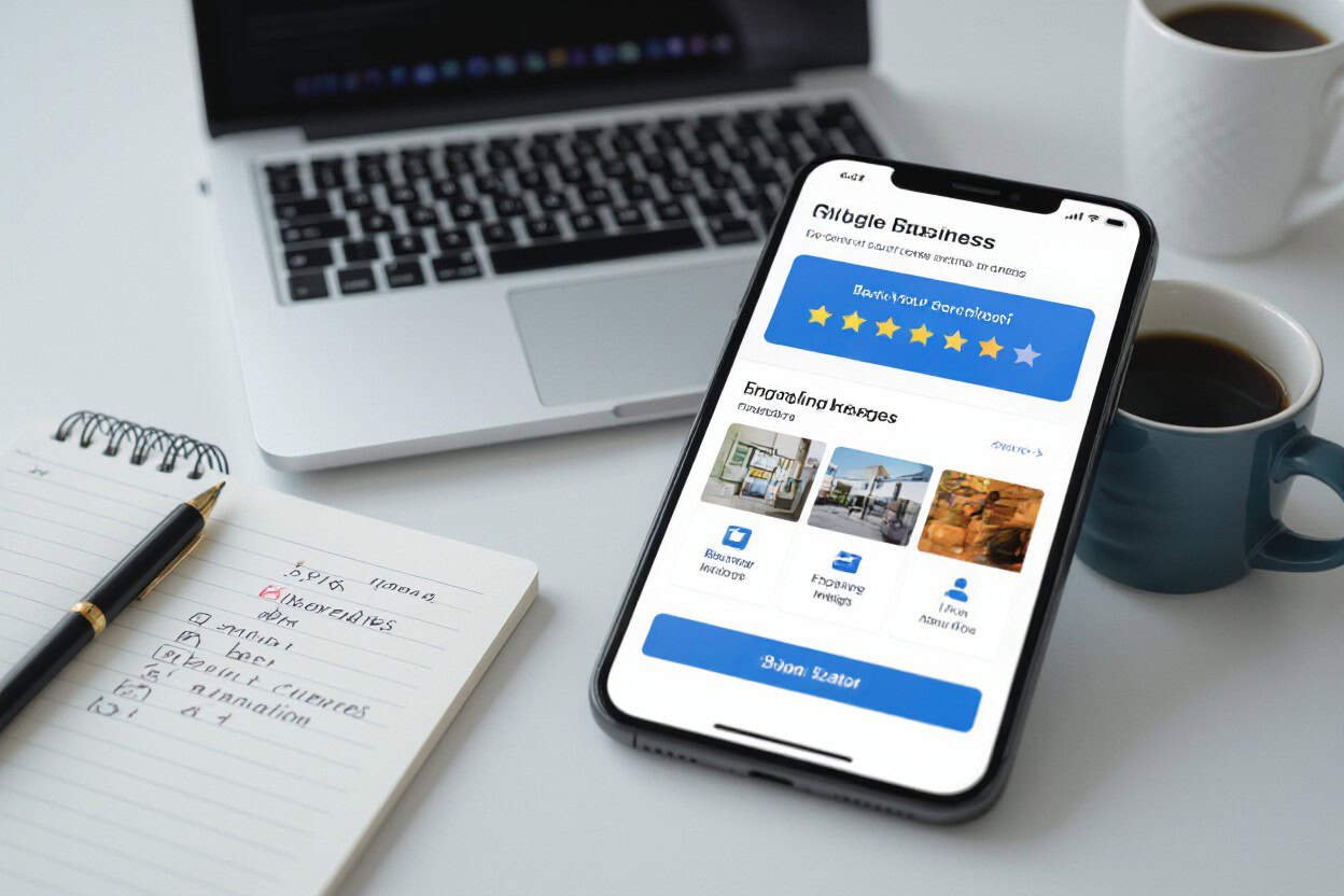 Mobile business app showcasing local SEO and AI search optimization features on a smartphone screen.
