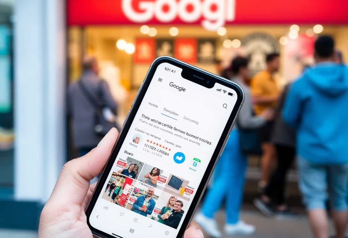 A hand holding a smartphone displaying the Google search page, with people blurred in the background standing outside a store with a red and white Googl sign, illustrating the impact of local SEO in today’s ai search-driven world.