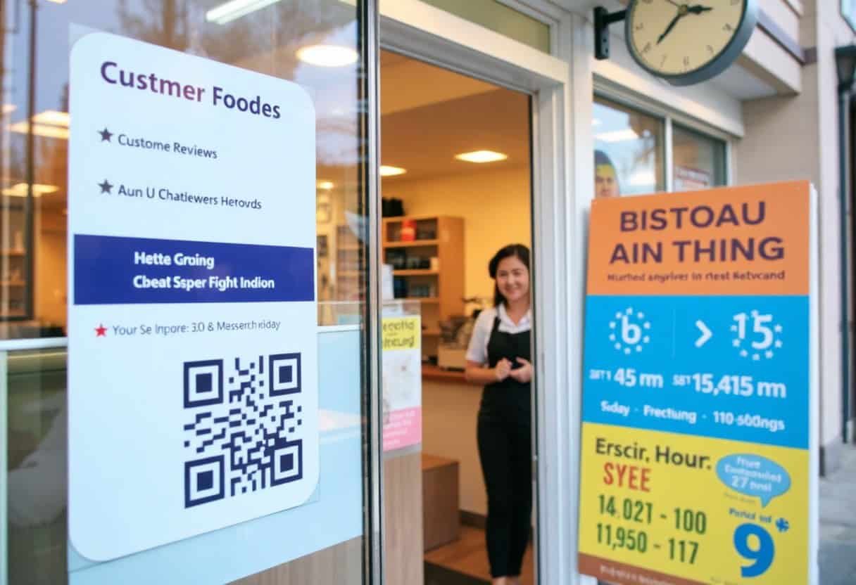 A woman stands smiling at the entrance of a store. A large sign on the door has misspelled text and a QR code, helpful for local SEO and AI search optimization. Another colorful sign displays public transit info in English and another language.