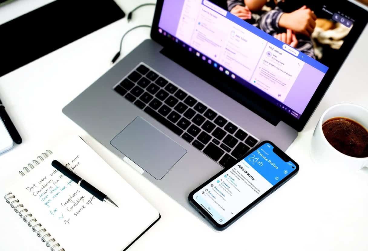 A laptop displaying a project management tool, a smartphone with a calendar app, a cup of coffee, and a notebook with handwritten notes showcase an organized workspace designed for productivity and local SEO and AI search optimization.