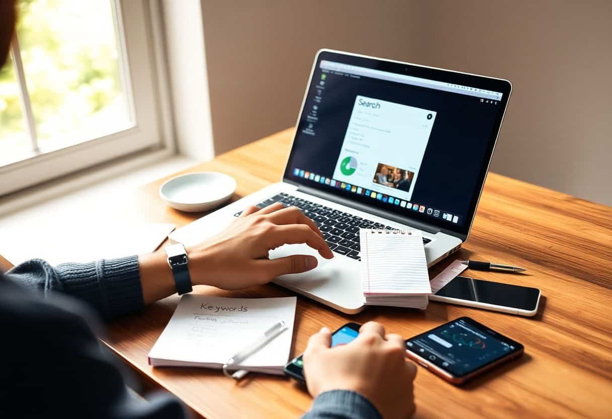A person working at a wooden desk with a laptop, smartphone, notepad, paper slips, and a pen beside a window. The laptop screen displays local SEO and AI search optimization results and analytics.