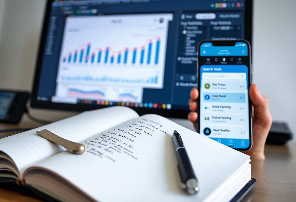 An open notebook with handwritten notes and a pen rests on a desk. Behind it, a hand holds a smartphone displaying an ai search app. A laptop in the background shows a bar and line graph, hinting at local seo analysis underway.
