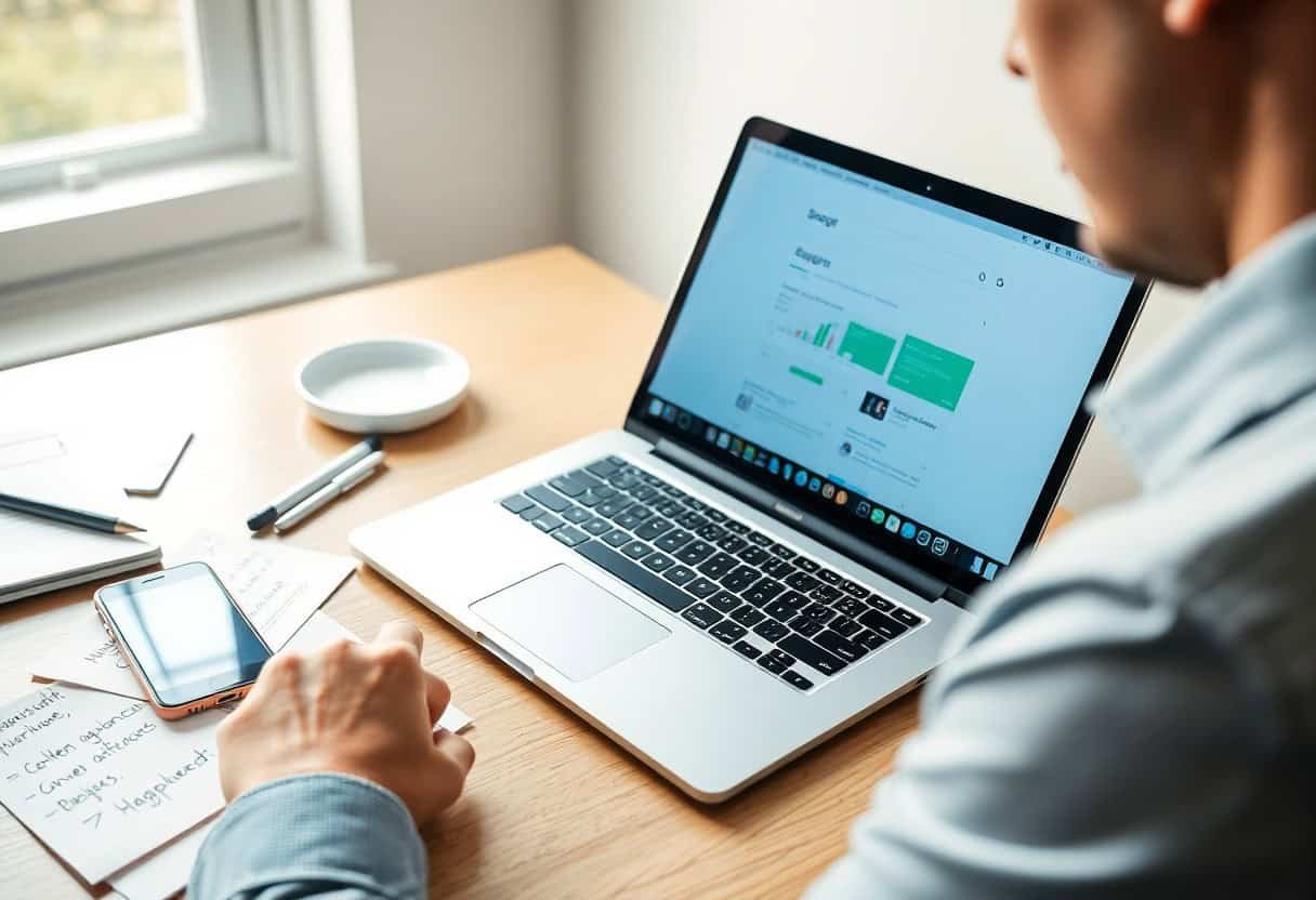 A person working at a desk with a laptop displaying graphs, focusing on local SEO and AI search optimization. A smartphone, notes, and a pen are nearby, while sunlight streams through the window, creating a bright workspace.