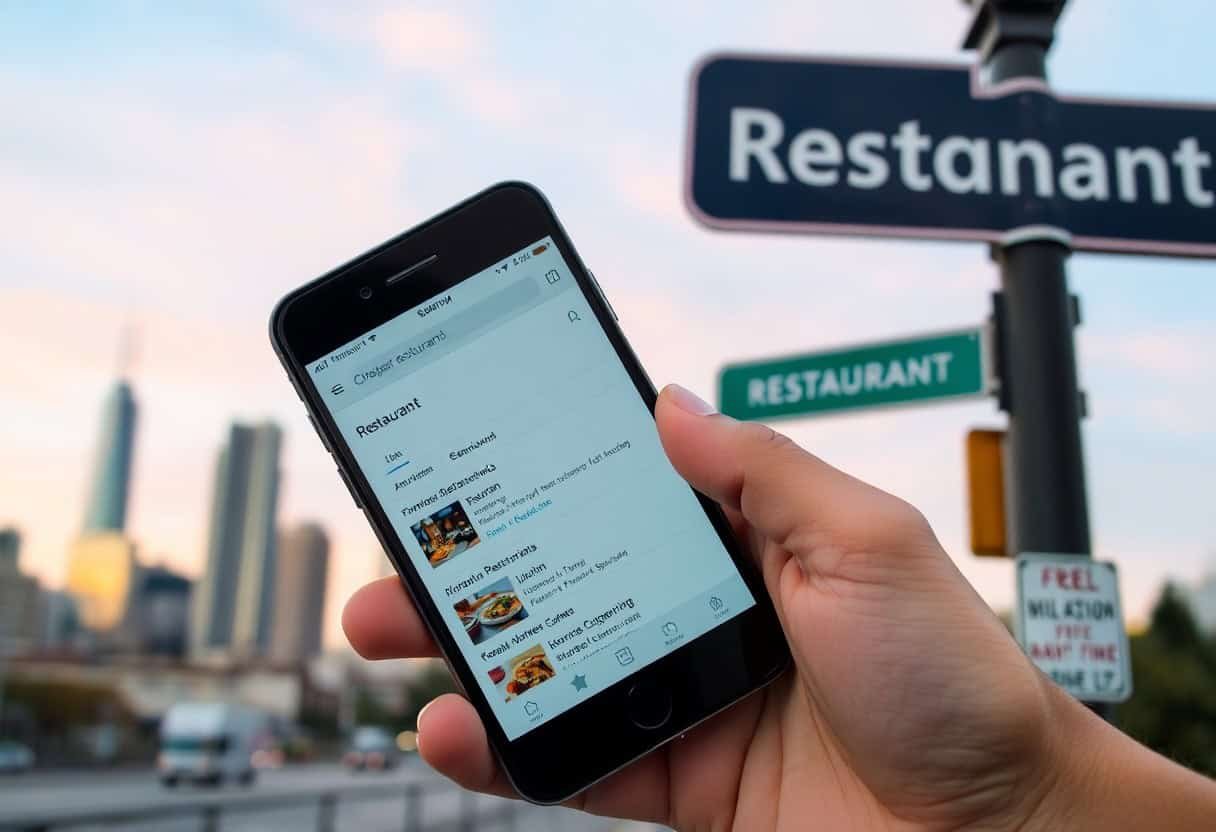 A person holds a smartphone searching for restaurants on a city street, with blurred skyscrapers in the background and a street sign that says Restaurant, showing how businesses can optimize for near me searches.