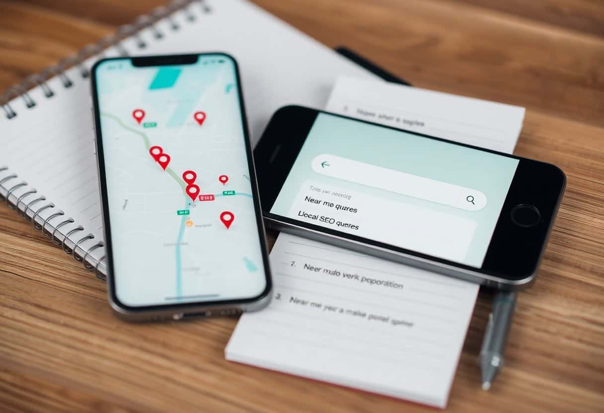 Two smartphones rest on a wooden desk; one displays a map with red location pins, and the other shows a search engine with the query Local SEO queries. Notebooks and a pen are also visible.