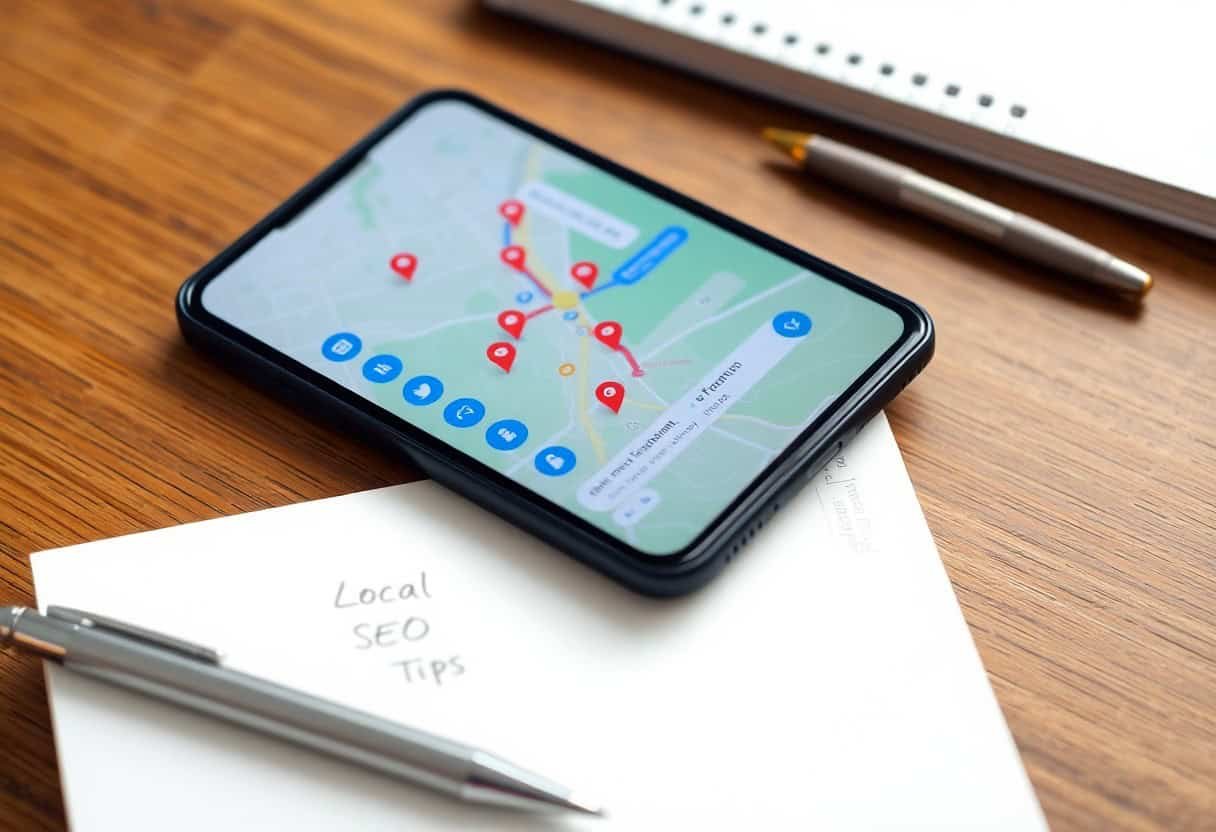 A smartphone displaying a map with multiple location pins rests on a desk beside a pen, paper labeled Local SEO Tips, and part of a notepad, suggesting research or planning to optimize for near me searches.