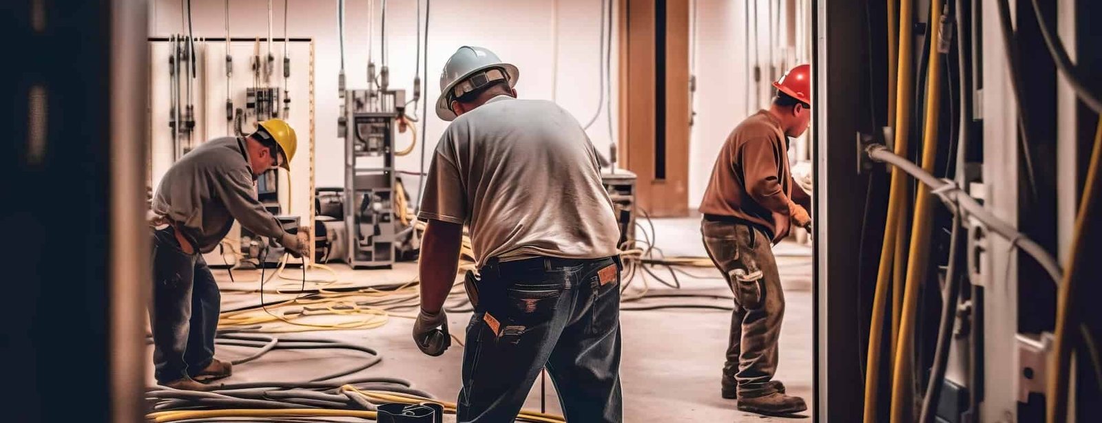 Electricians working on wiring installation in a new building, with Droved’s local SEO and AI search optimization helping electrical companies get discovered on Google Maps and AI platforms.