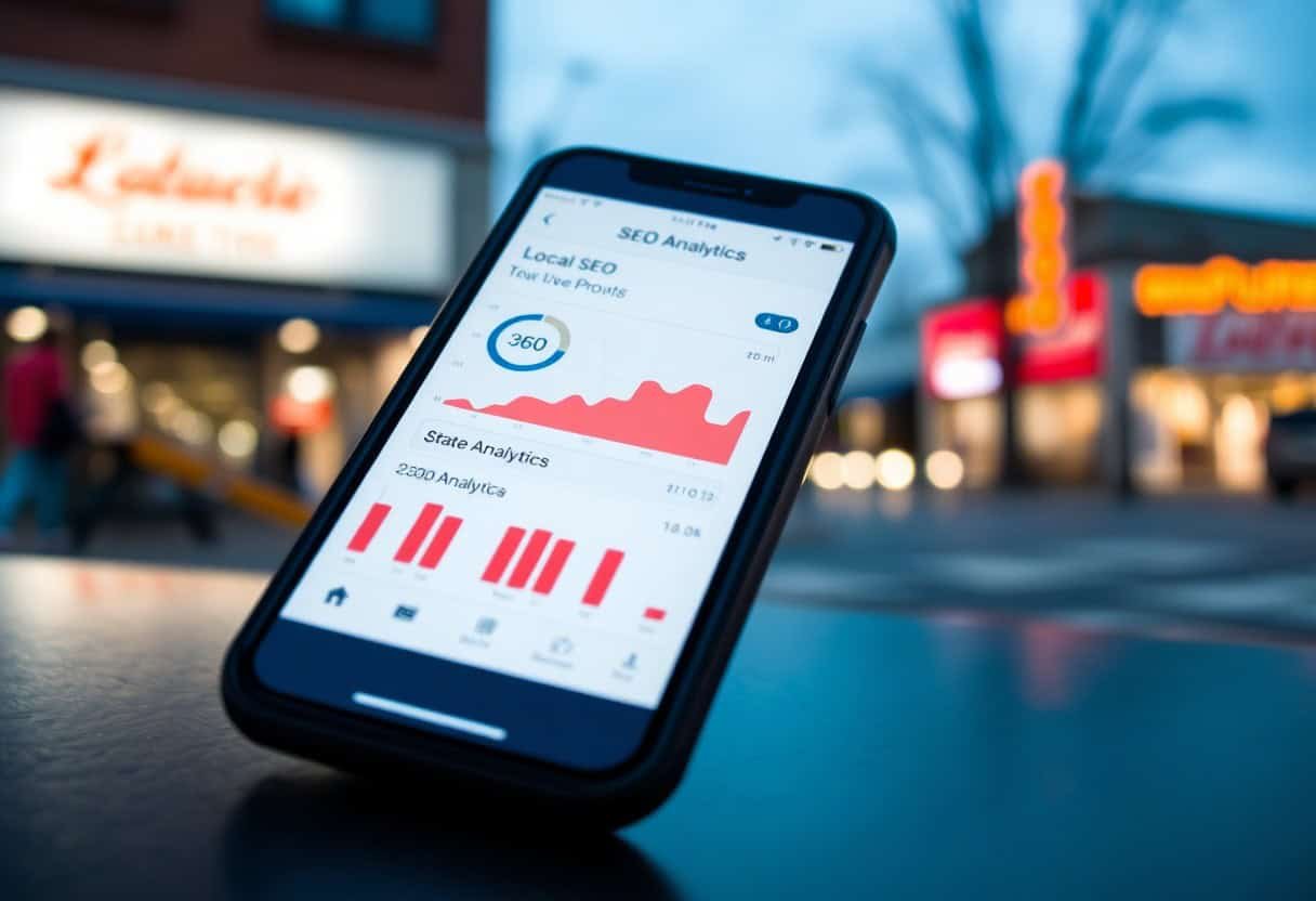 A smartphone displays a local SEO and AI search optimization analytics dashboard with graphs and charts, resting on a table outdoors near a city street with blurred storefronts and neon lights in the background.