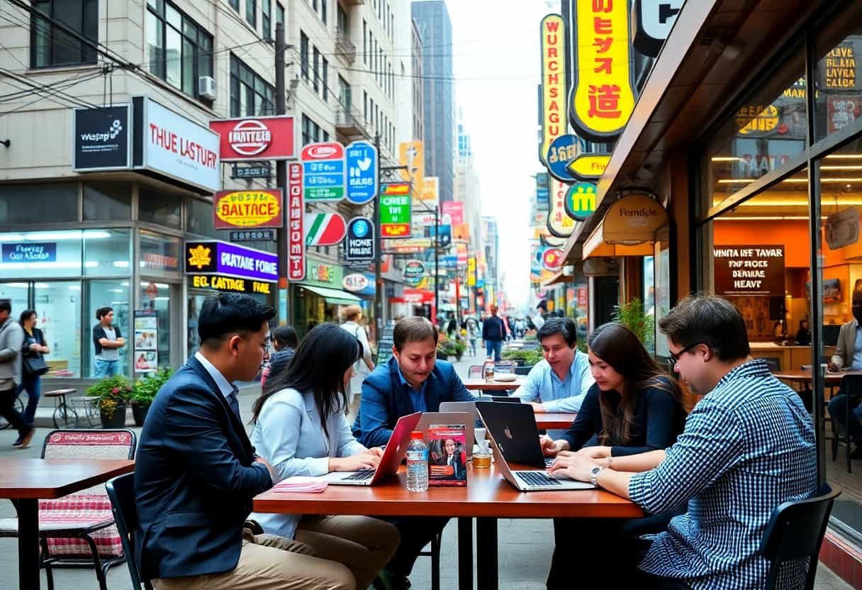 A group of six people work on laptops at outdoor tables on a busy city street lined with colorful signs, shops, and restaurants—perfect for brainstorming local SEO and AI search optimization strategies in a lively urban atmosphere.