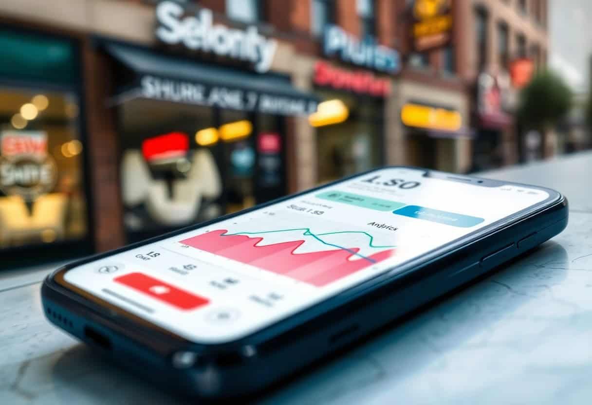 A smartphone on a table displays a financial graph with red and green data, set against a blurred city street—highlighting the impact of local SEO and AI search optimization for businesses in busy urban areas.