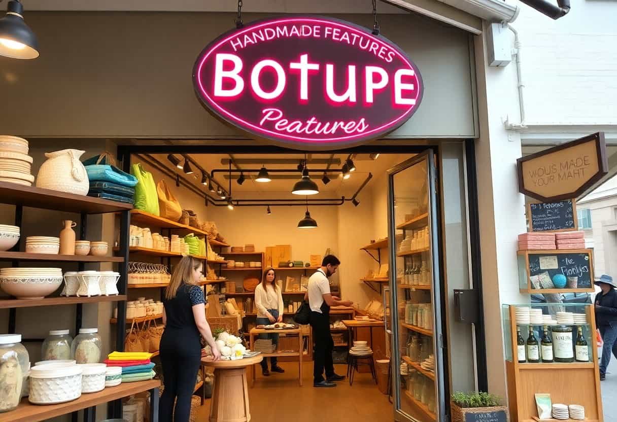 A brightly lit shop with wooden shelves displays ceramics and baskets. Three people stand inside, and a neon sign above the entrance reads “BOTUPE FEATURES.” A chalkboard sign highlights local SEO specials outside on the right.