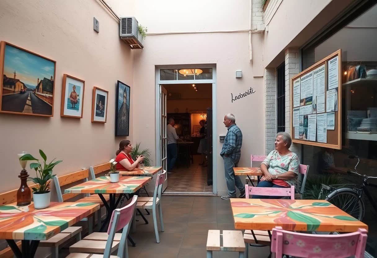 A small, bright café with colorful tables; two women sit apart, and a man stands near the doorway. Framed pictures and a menu hang on the walls, potted plants decorate the space—a cozy spot perfect for conversation about local SEO and AI search optimization.