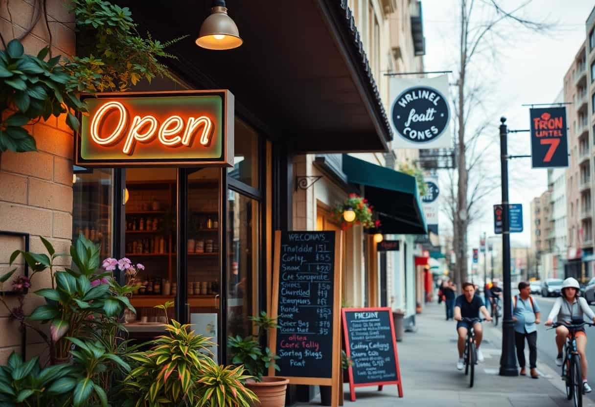 A city street scene with a small shop displaying a glowing Open sign and a chalkboard menu outside, embracing local SEO to attract passersby. People ride bicycles as shop signs hang nearby and green plants decorate the storefront.