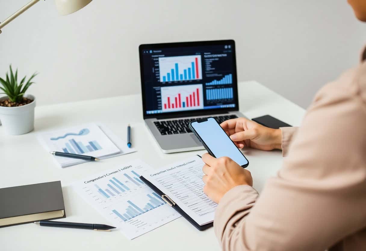 A person holding a smartphone sits at a desk with printed graphs, a notebook, and a laptop displaying colorful bar and line charts—tools perfect for tracking local SEO and AI search optimization. Pens and business documents are also on the white desk.