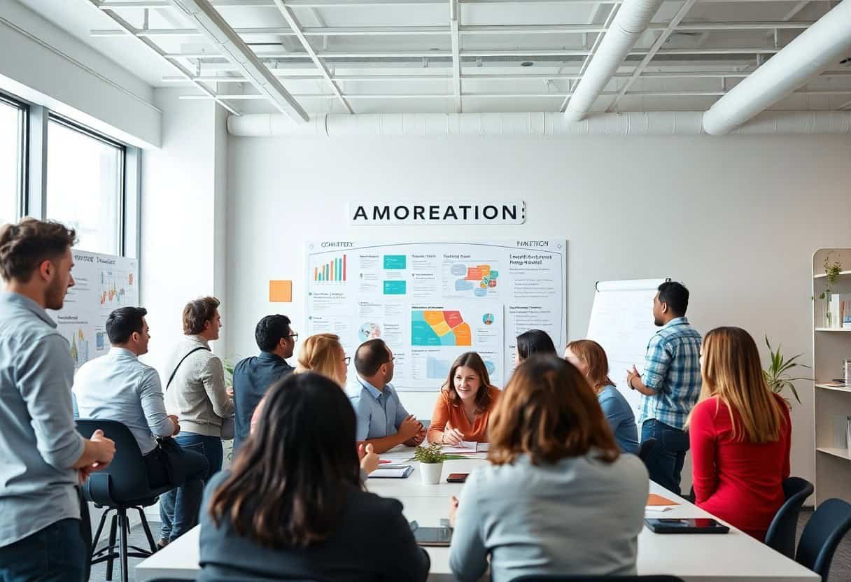 A group of people sit and stand around a conference table in a modern office, attentively listening to a presenter discuss charts and graphs on local SEO and AI search optimization. The atmosphere appears collaborative and focused.