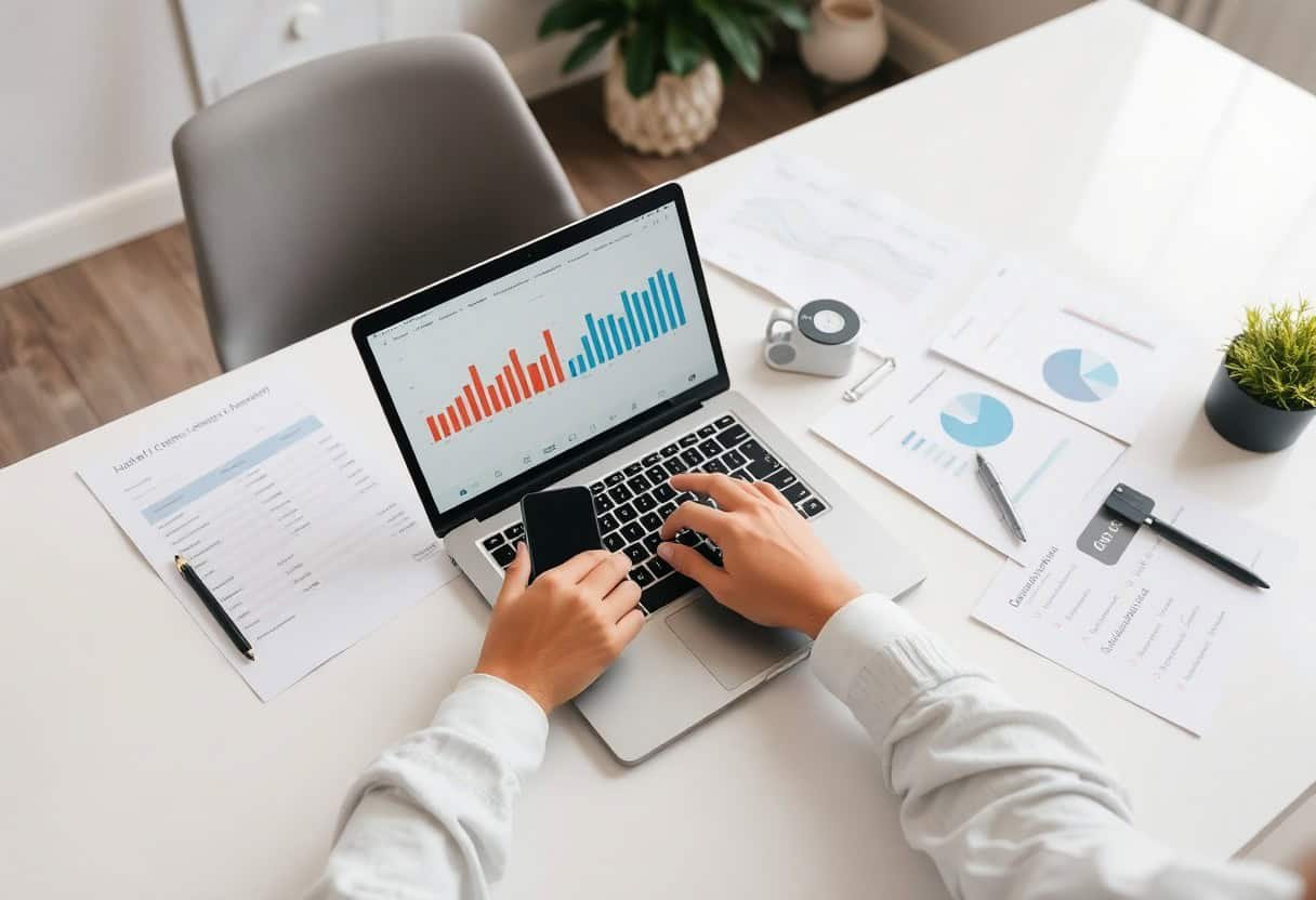Person working at a desk with a laptop displaying a bar chart, papers with graphs, and business tools—suggesting data analysis or tasks focused on local SEO and AI search optimization for smarter business decisions.