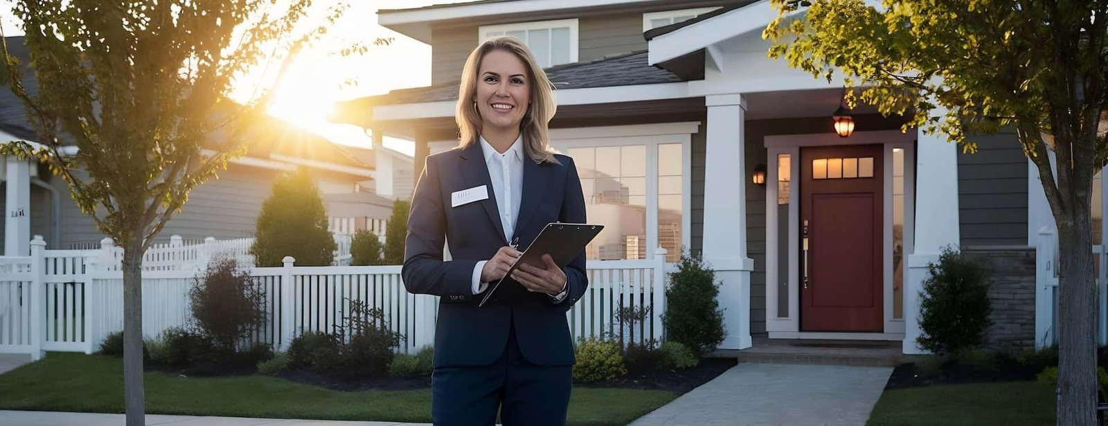 Real estate agent standing outside a modern home holding a tablet, promoting local SEO and AI-driven search optimization services for real estate marketing.