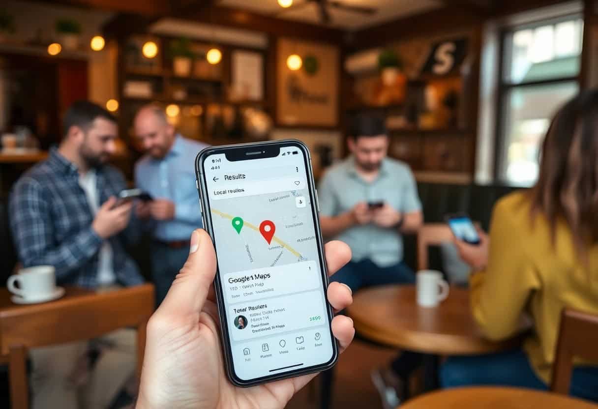 A person holds a smartphone displaying a map application in a café, while four people in the background sit at tables, engaged in conversation and using their own mobile devices—highlighting the impact of local SEO and AI search on daily connectivity.
