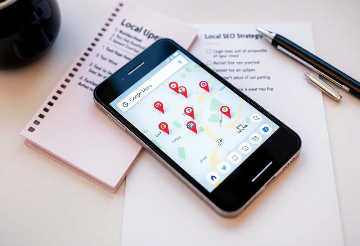 A smartphone displaying Google Maps with multiple location pins rests on a notepad next to a pen and documents titled Local SEO Strategy, highlighting the importance of local SEO and AI search optimization, on a white surface.