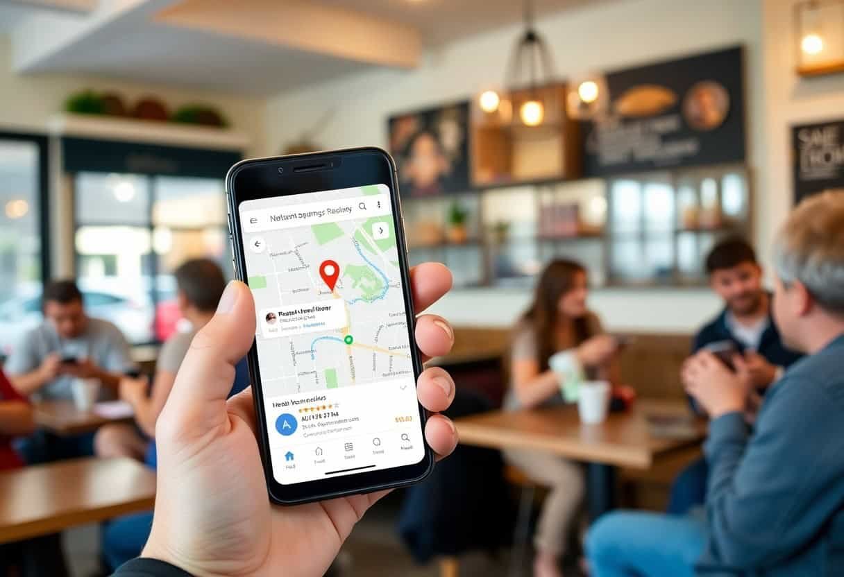 A person holds a smartphone displaying a map with a location pin inside a cafe, highlighting the power of local SEO and AI search optimization, while a group of people sit at tables in the background, talking and drinking coffee.