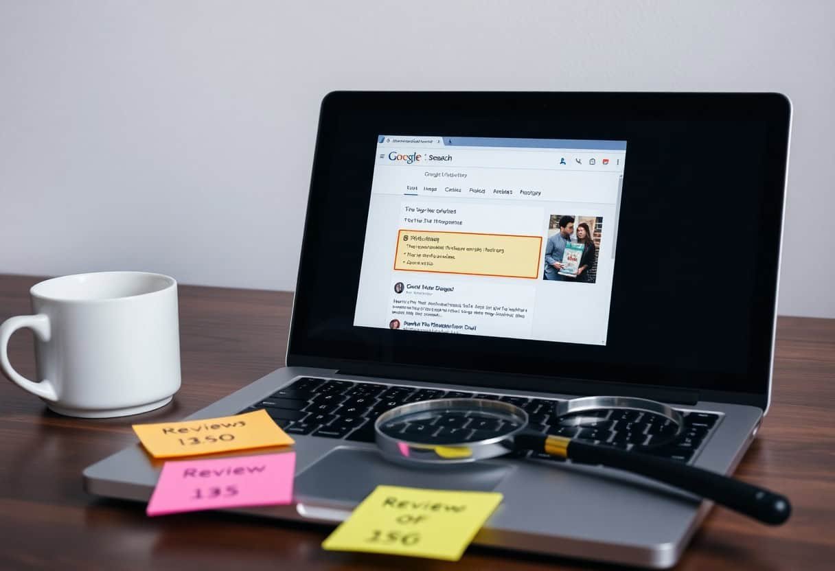 Google local SEO research on laptop screen, with review notes and magnifying glass, illustrating AI-driven search optimization for local businesses, digital marketing, and reputation management.