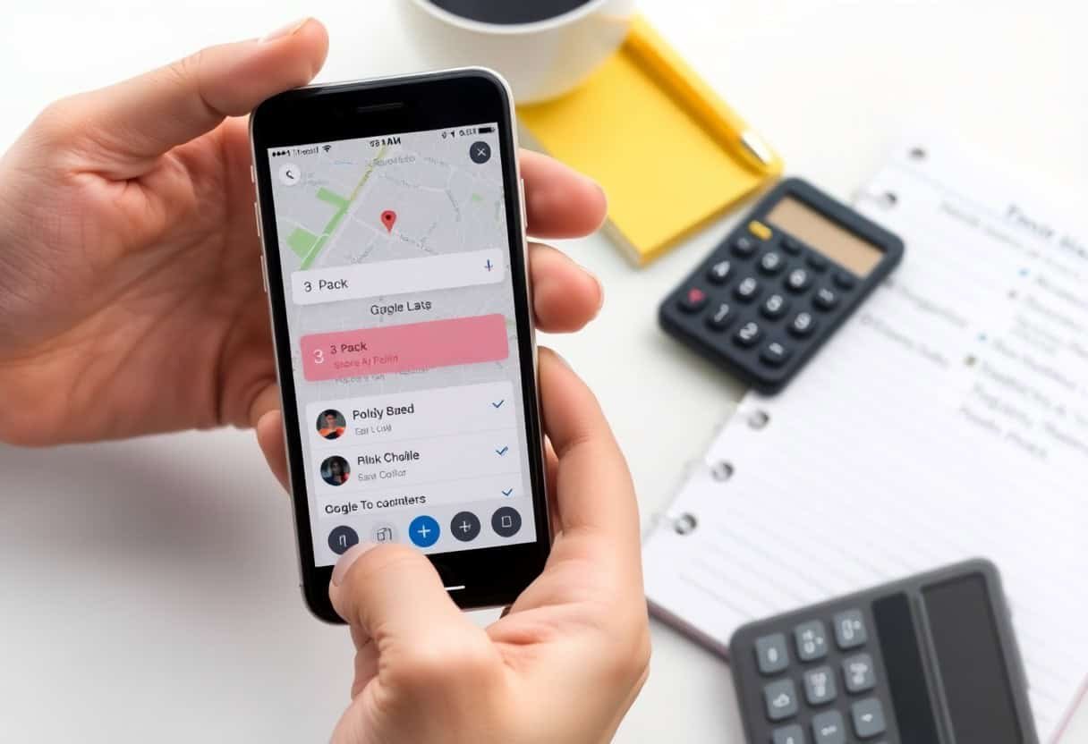 High-tech smartphone displaying local search results for a 3 Pack on a map, surrounded by office supplies including a calculator, notepad, pen, and documents, emphasizing local SEO and digital marketing.