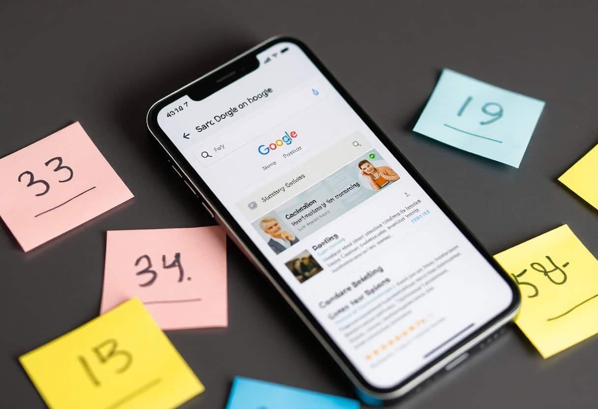 SEO-friendly ALT text: Smartphone displaying Google search results with local SEO and AI optimization tips, surrounded by colorful notes and bookmarked ideas on a dark background.