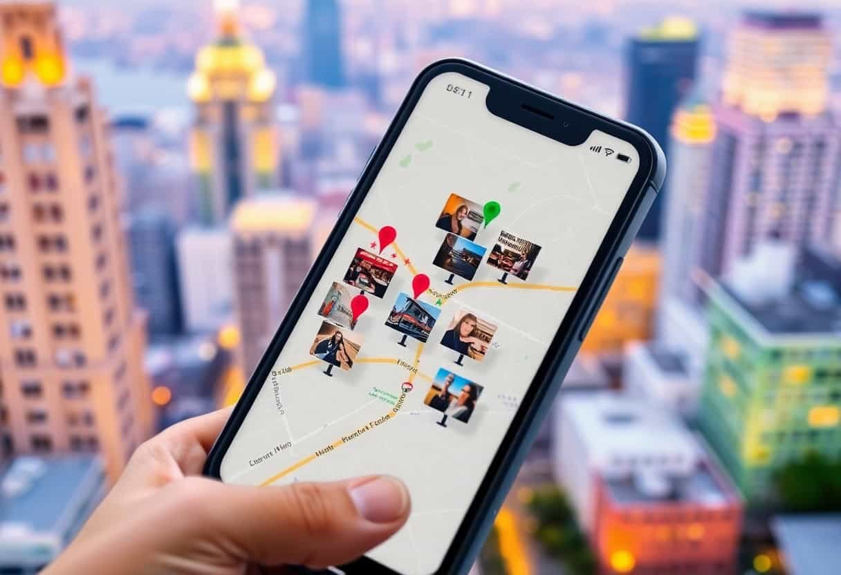 A hand holds a smartphone displaying a map with geotagged images and photo pins, set against a blurred cityscape with tall buildings and evening lights—perfect for boosting local SEO.