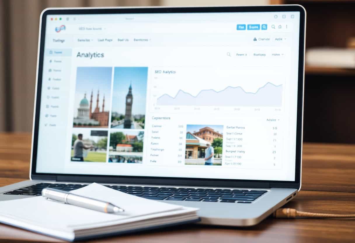 A laptop displays a website analytics dashboard with graphs, charts, and images; a notebook and pen are placed in front of the laptop on a wooden desk.