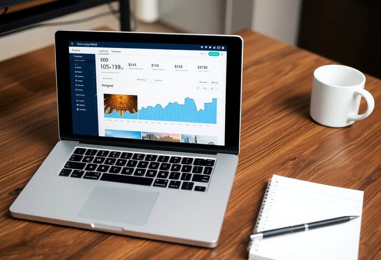 A laptop on a wooden desk displays a data analytics dashboard with charts and geotagged images for local SEO insights. Next to the laptop are a white mug, a spiral notebook, and a pen.