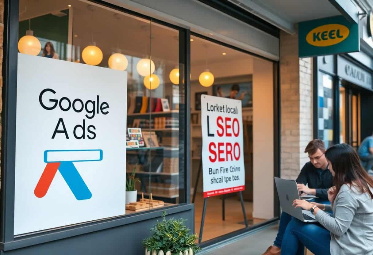 Two people sit with laptops outside a modern shopfront featuring large signs for Google Ads and local SEO and AI search optimization. The urban setting includes glass windows, round hanging lights, and visible business signage.