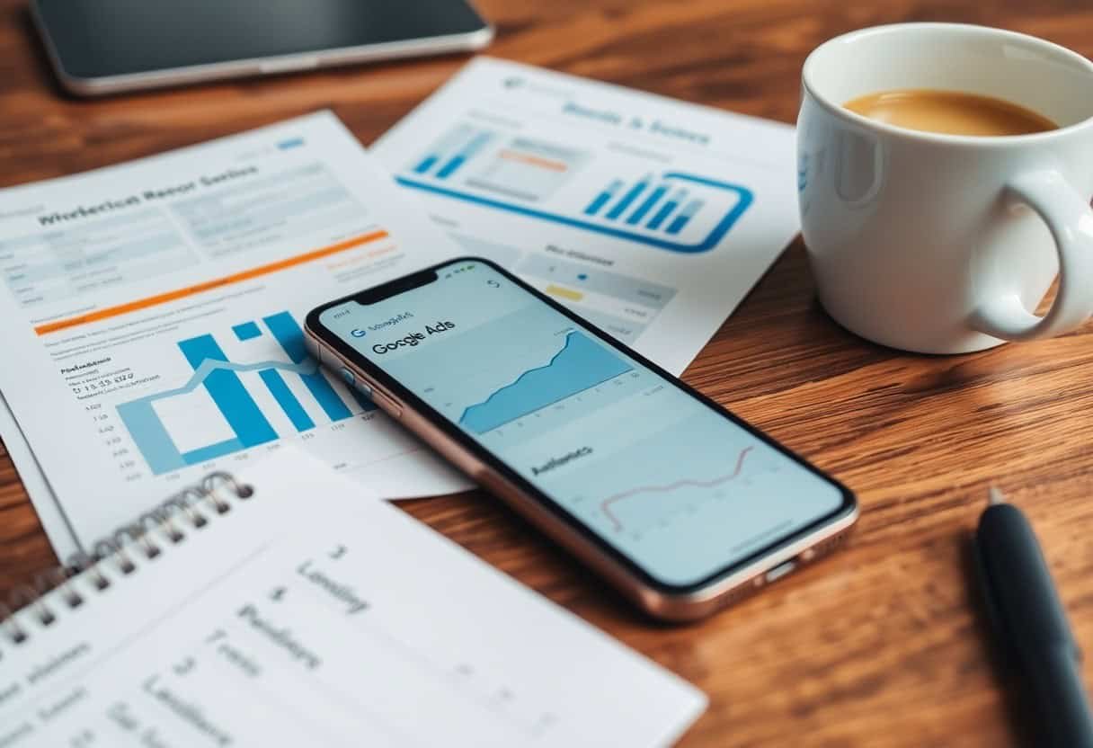 A smartphone displaying Google Ads data lies on a desk with printed charts, a notebook, a pen, and coffee—capturing a workspace focused on analyzing business performance with local SEO and AI search optimization strategies.