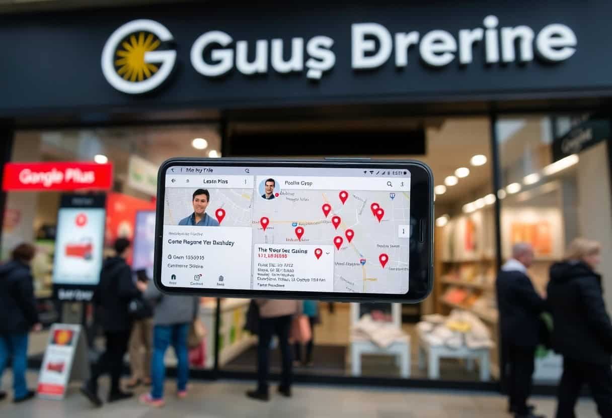 A smartphone displaying a map with multiple location pins and a profile highlights local SEO and AI search optimization in front of a Guus Drerine storefront, with people walking by and shop signs visible in the background.