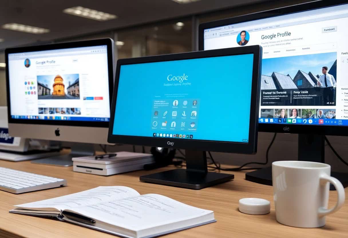 Three computer monitors on a wooden desk display social media profiles, a Google homepage, and insights on local SEO and AI search optimization. An open notebook, keyboard, and white coffee mug complete the office setting.