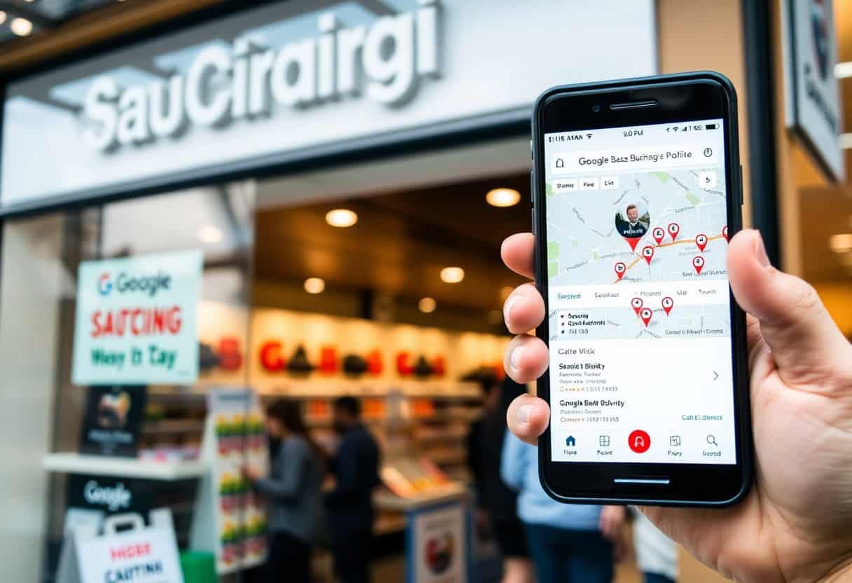 A person holds a smartphone displaying Google Maps with multiple pinned locations, highlighting the importance of local SEO and AI search optimization, in front of a brightly lit store entrance with a blurred SauGirarigi sign above.